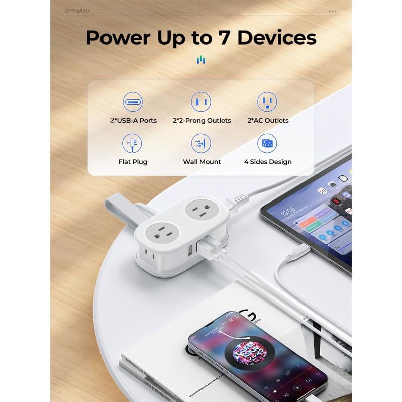 π7 in 1 Travel Power Strip, 4 Outlets 2 USB Ports