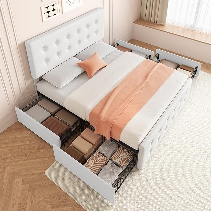 Bed Frame with Mattress 4 Storage Drawers and Headboard