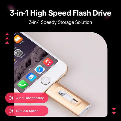 ⚡⚡3 in 1 Flash Drive, Portable High Speed USB 3.0 Memory Storage, OTG Flash Pen Drive with Free Type-C Adapter for Android Phones/PC and More Devices