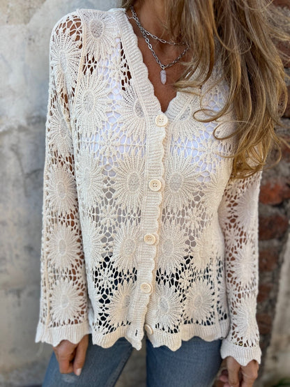 🏆Flash Sale⚡ 50K+ SOLD! Almost Gone-💥Cutout Embroidered V-Neck Button Long Sleeve Top,Best gifts