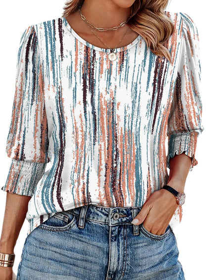 🔥Women Dressy Casual 3/4 Length Sleeve Blouses with Smocked Cuffs