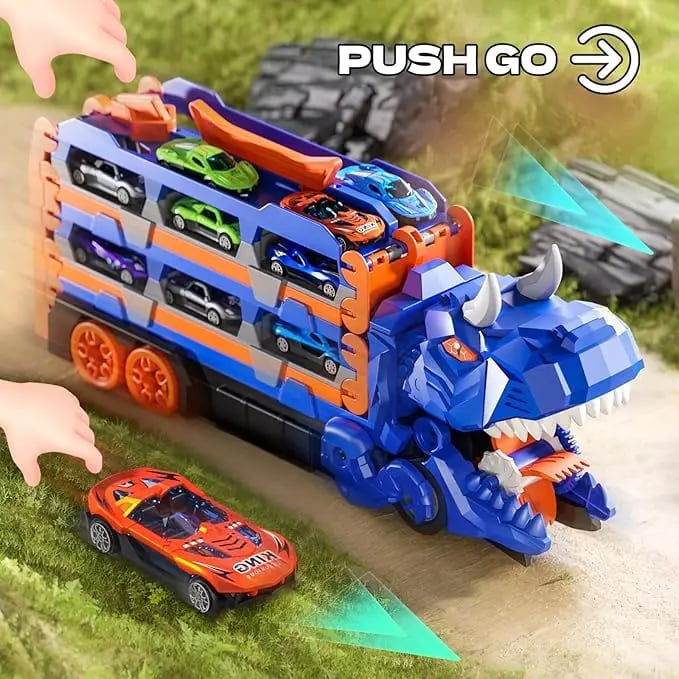 Dinosaur Transport Truck Toy Set with 12 Die-Cast Cars