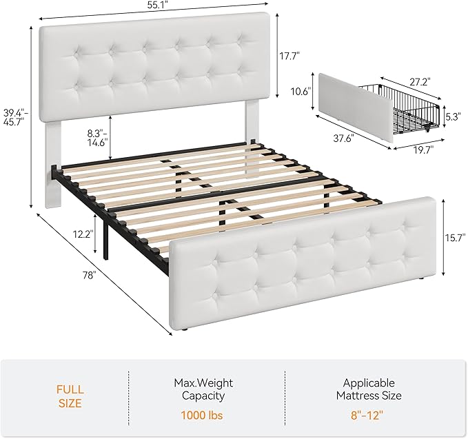 Bed Frame with Mattress 4 Storage Drawers and Headboard