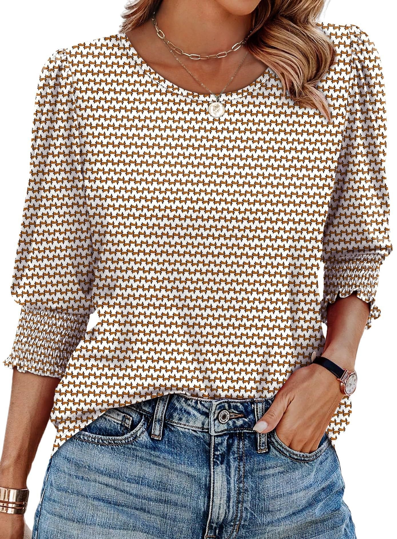 Women Dressy Casual 3/4 Length Sleeve Blouses with Smocked Cuffs