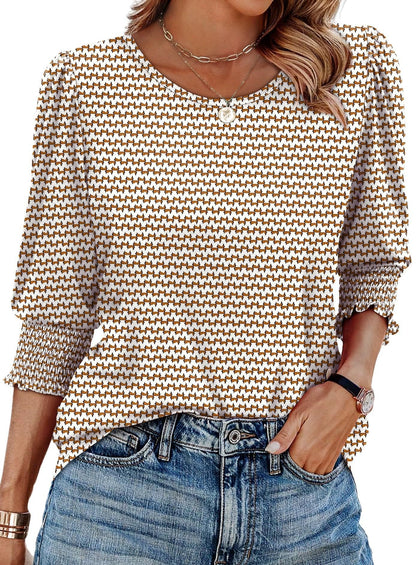 Women Dressy Casual 3/4 Length Sleeve Blouses with Smocked Cuffs