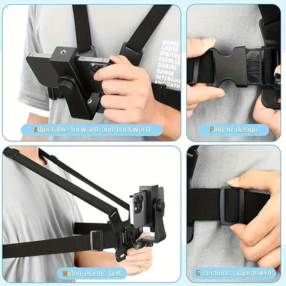Chest strap phone holder, adjustable phone chest strap holder