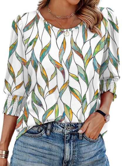 Women Dressy Casual 3/4 Length Sleeve Blouses with Smocked Cuffs